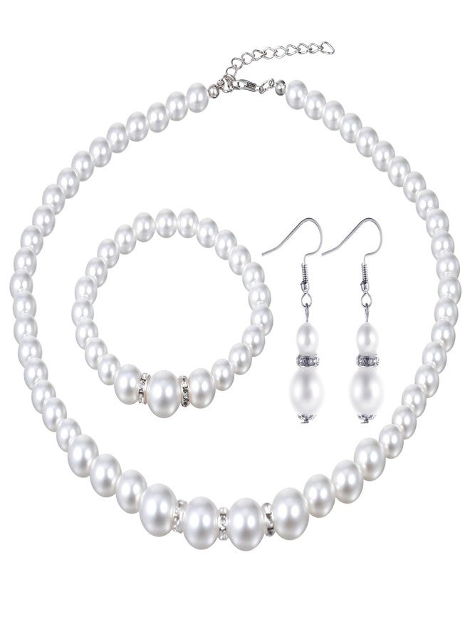 Lnngub 3 Pcs Pearl Necklace and Earring Bracelet Set,8mm Faux Pearl Jewelry Set for Women White Pearls Necklace for Women Best Gift for Birthday Valentine'S Day - Image 1